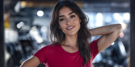 A woman with long hair and a confident smile poses in a gym. She wears a red shirt showcasing an energetic atmosphere filled with exercise equipment. The lighting highlights her relaxed posture.の素材
