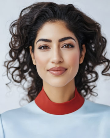 A young woman presents a confident expression with her curly hair cascading around her shoulders.の素材