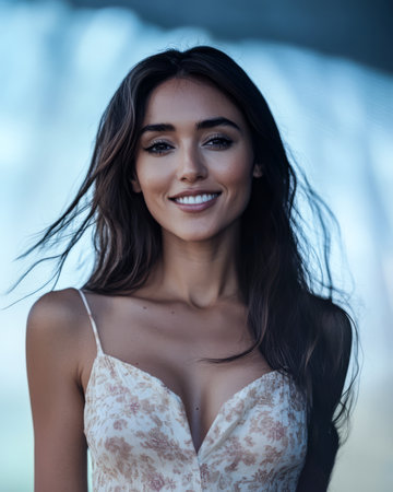 A joyful woman is smiling brightly as her hair gently flows in the wind. She is outdoors wearing a light dress with an intriguing blurred background creating a dreamy atmosphere.の素材