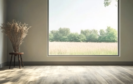 A minimalist room features a large window showcasing a serene view of a grassy field and trees under bright daylight. The wooden floor enhances the fresh atmosphere.の素材