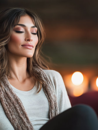 A woman with long hair sits calmly with her eyes closed enjoying a moment of tranquility. Soft warm lights create a relaxing atmosphere in the background enhancing her serene mood.の素材