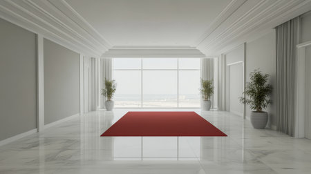 Spacious interior features a polished marble floor and large windows providing excellent natural light. A vivid red carpet adds a pop of color enhancing the minimalist aesthetic of the room.の素材