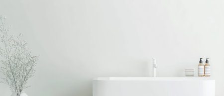 A spacious bathroom features a freestanding white bathtub next to a sleek faucet. Soft natural light enhances the rooms calm atmosphere complemented by green plant decor and stylish toiletries.の素材