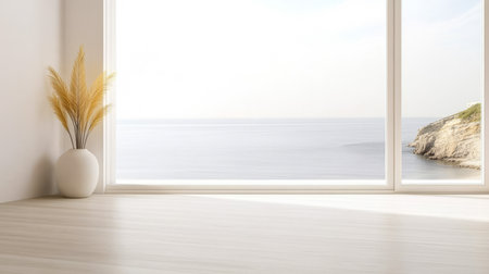 Bright interior space with large windows showcasing a serene coastal view. Soft light fills the room highlighting minimal decor and a decorative plant. The calming ocean landscape invites relaxation.の素材