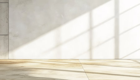 Bright sunlight streams through large windows creating dynamic shadows on a minimalist interior floor. The clean lines and neutral colors provide a peaceful ambiance for relaxation or creativity.の素材
