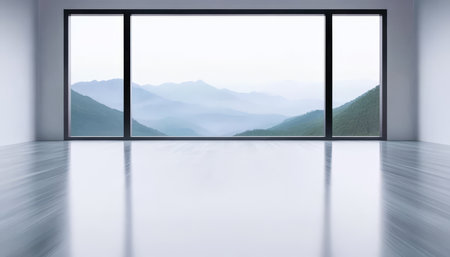 Spacious modern room featuring large windows that reveal a breathtaking view of misty mountains. Soft daylight fills the area enhancing the tranquil atmosphere.の素材