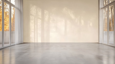 A spacious room features large windows that allow warm autumn sunlight to stream in. The polished concrete floor and neutral walls create a calming atmosphere perfect for various uses.の素材