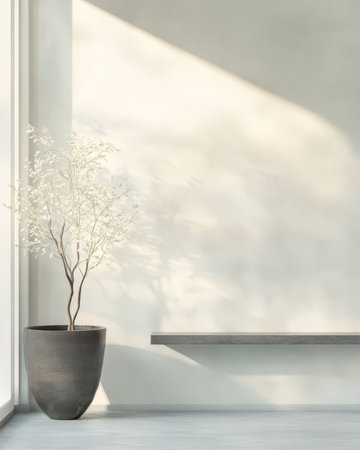 Sunlight casts soft shadows in a tranquil room with a minimalist aesthetic. A slender potted plant stands against a softly illuminated wall bringing a touch of nature indoors.の素材