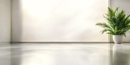 A minimalist interior space features a large window allowing natural light to flood in highlighting a polished floor. A green plant in a white pot adds a touch of nature to the serene atmosphere.の素材