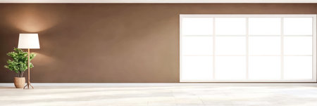 Bright and airy room features a large window that lets in natural light. A stylish floor lamp and a potted plant add warmth to the brown walls creating a welcoming atmosphere.の素材