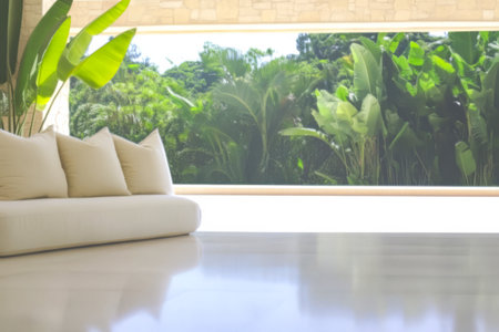 Spacious living area features a comfortable white sofa polished floor and wide window displaying vibrant greenery. Sunlight floods the room enhancing the serene atmosphere.の素材