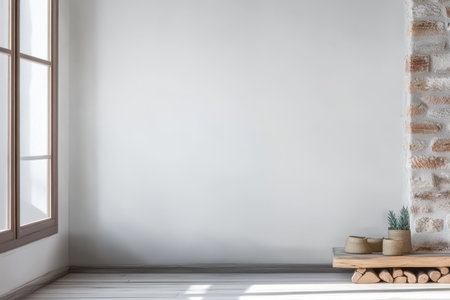 A spacious interior features large windows allowing sunlight to fill the room. Light-colored walls and wooden flooring create a warm atmosphere. Minimalist decor enhances the tranquil space.の素材