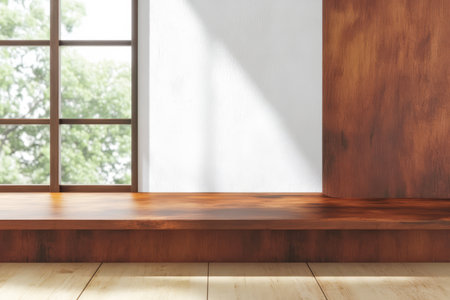 A spacious wooden interior features a large window allowing natural light to illuminate the room. The warm tones of the wood create a cozy atmosphere enhancing the inviting space.の素材