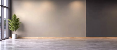 Bright spacious room featuring a large window smooth concrete flooring a tall green plant and walls in neutral tones creating a modern and inviting atmosphere.の素材