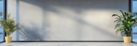 Bright and spacious indoor area features two lush plants in yellow pots bathed in soft natural light during the day. The minimalist design enhances the feeling of tranquility and calmness.の素材