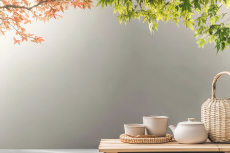 A beautifully arranged tea set sits on a wooden table showcasing elegant ceramic containers. Delicate foliage frames the scene creating a peaceful atmosphere perfect for relaxation.の素材