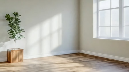 A spacious room features warm wooden flooring a sunny window casting shadows and a potted plant in the corner creating a fresh and inviting atmosphere.の素材