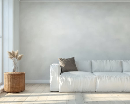 A spacious living room features a comfortable white sofa with a decorative pillow. Natural light floods the room highlighting a woven basket and soft plant arrangement by a large window.の素材