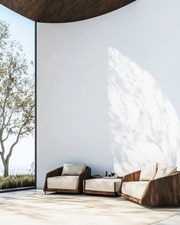 A spacious and contemporary living area features two elegant chairs and a large window allowing abundant sunlight. The minimalist design enhances the tranquility of the surrounding nature.の素材