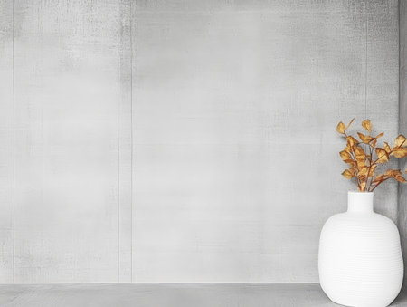 A modern interior showcases a white textured wall with a simple white vase. Inside the vase dried leaves add a touch of nature to the minimalist decor creating a serene atmosphere.の素材