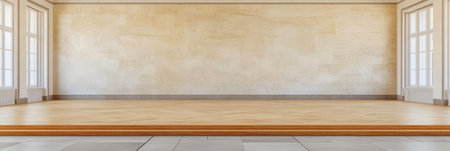 Light fills the expansive empty room featuring smooth wooden flooring and tall windows. The walls are neutral-colored and highly versatile for various uses and settings.の素材