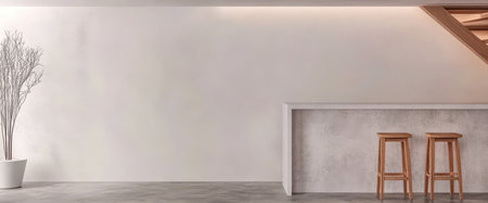 A stylish minimalist interior showcases a clean bar area with two wooden stools. A decorative tree adds a touch of nature beside the white wall creating a serene atmosphere in the space.の素材