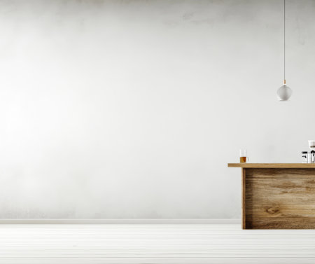 Wooden bar counter stands out in a minimalistic interior with white walls and wooden flooring. The space is bright and uncluttered ideal for gatherings or quiet moments.の素材