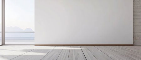This spacious room features minimal decor and large windows that offer a beautiful view of mountains. Sunlight floods in illuminating the wooden floor and white walls creating a serene atmosphere.の素材