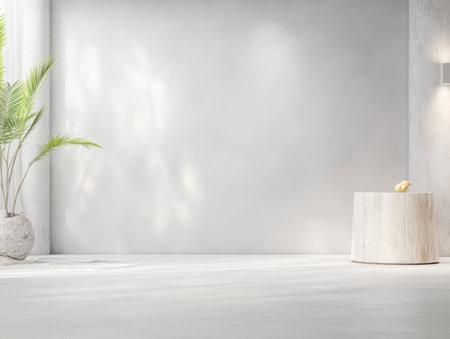 A spacious modern interior features a light gray wall a large potted plant and a round wooden table. Soft natural light enhances the calm minimalist design creating a tranquil ambiance.の素材