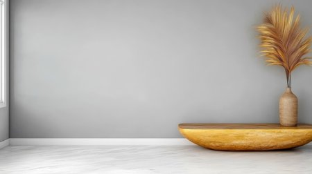 A contemporary room showcases a smooth gray wall and a stylish wooden table. A tall vase with dried plants adds a touch of elegance. Natural light enhances the serene atmosphere.の素材