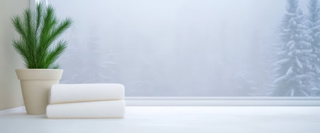 Soft white towels are neatly placed on a counter beside a green potted plant. A frosty winter landscape can be seen through a large window creating a serene atmosphere.の素材