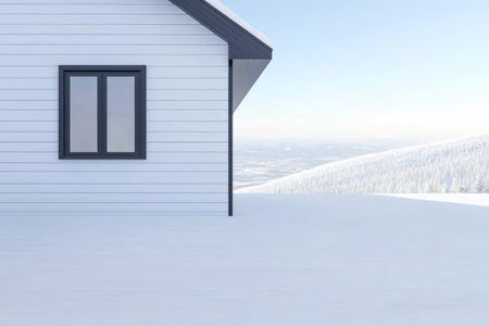 A modern house stands partially buried in fresh white snow. Beyond rolling hills are blanketed in snow creating a tranquil atmosphere. The clear sky complements the winter scene.の素材