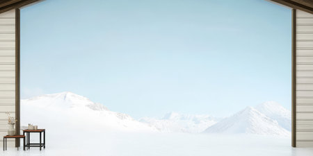 Wide garage doors are open revealing a stunning view of snow-covered mountains under a clear sky. The serene winter landscape invites calmness and tranquility.の素材