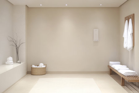 A serene spa room featuring soft neutral colors warm lighting and minimalist decor. Plush towels and a calming atmosphere create an ideal space for relaxation and wellness treatments.の素材