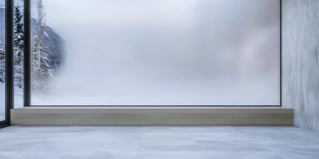 A modern room features a large frosted window displaying a snowy landscape outside. The minimalistic design includes a smooth floor and wooden elements creating a cozy atmosphere in winter.の素材