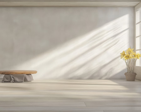 Sunlight streams through a large window illuminating a wooden bench and a vase of yellow flowers in a minimalistic room. The soft colors create a serene atmosphere perfect for relaxation.の素材