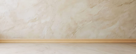 A light-colored marble wall is complemented by a simple wooden trim at the bottom. This interior space enjoys ample natural light perfect for showcasing design elements.の素材