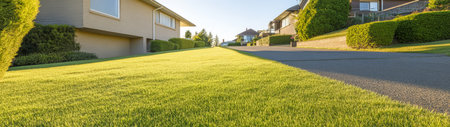 Sunny evening light illuminates a well-maintained lawn on a residential street showcasing neatly trimmed grass and manicured shrubs beside the pavement.の素材