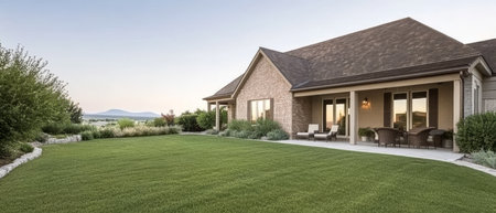 A modern home features a manicured green lawn and patio seating. Surrounding plants enhance the tranquil vibe. The sunset creates a warm atmosphere perfect for relaxation and outdoor enjoyment.の素材
