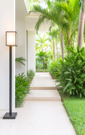 A stylish pathway features a modern lamp alongside lush greenery. Sunlight illuminates the area enhancing the tropical atmosphere in a peaceful setting.の素材