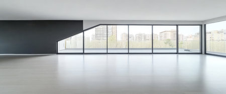 Spacious room with sleek design features large floor-to-ceiling windows. Soft natural light illuminates the minimalist space showcasing a clear view of the urban landscape outside.の素材
