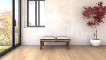 A spacious interior features light wooden floors and large windows allowing ample sunlight. A simple wooden bench with cushions sits prominently beside a decorative plant in a white pot.の素材