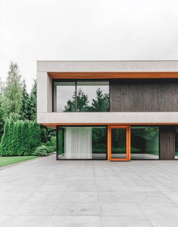 Sleek house design showcases large glass windows and a wooden facade amid lush greenery highlighting contemporary architecture in a serene outdoor setting.の素材