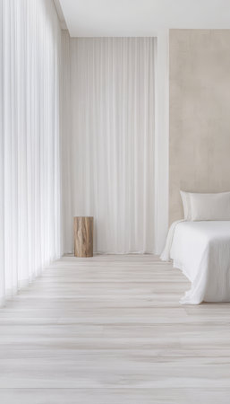 Bright sunlight streams into a modern bedroom illuminating the light wooden floor and creating a serene atmosphere. A neatly made bed and minimal decor enhance the calm aesthetic of the space.の素材