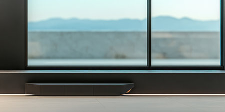 Spacious room showcases a minimalist black bench positioned near floor-to-ceiling windows. The scenery includes soft mountain outlines against a clear sky creating a serene atmosphere.の素材