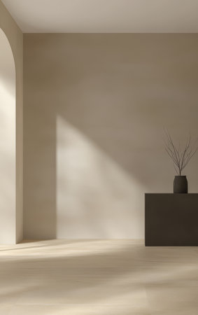 Soft natural light filters through an archway illuminating a minimalist room with a smooth beige wall and a dark table. A simplistic vase with branches adds a touch of elegance.の素材