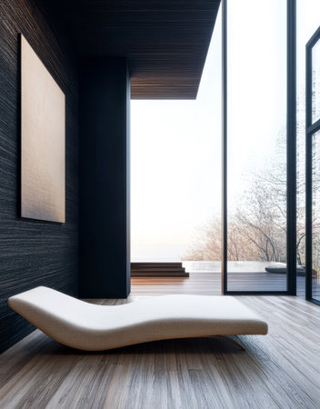 This sleek lounge chair is positioned in a minimalist room featuring expansive windows. Natural light fills the space enhancing its calm and serene atmosphere. Trees are visible outside.の素材