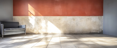 A spacious room features a sleek black sofa against a two-tone wall illuminated by warm sunlight. The floor is tiled enhancing the minimalist decor and inviting ambiance.の素材
