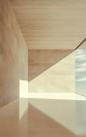 A spacious interior showcases smooth surfaces and wooden ceilings. Natural light filters through large windows casting sharp shadows and highlighting the modern aesthetic.の素材