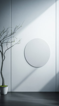 A minimalist interior showcases a circular wall decor alongside a slender tree in a white pot. Sunlight streams through casting shadows on the smooth surface enhancing the serene atmosphere.の素材